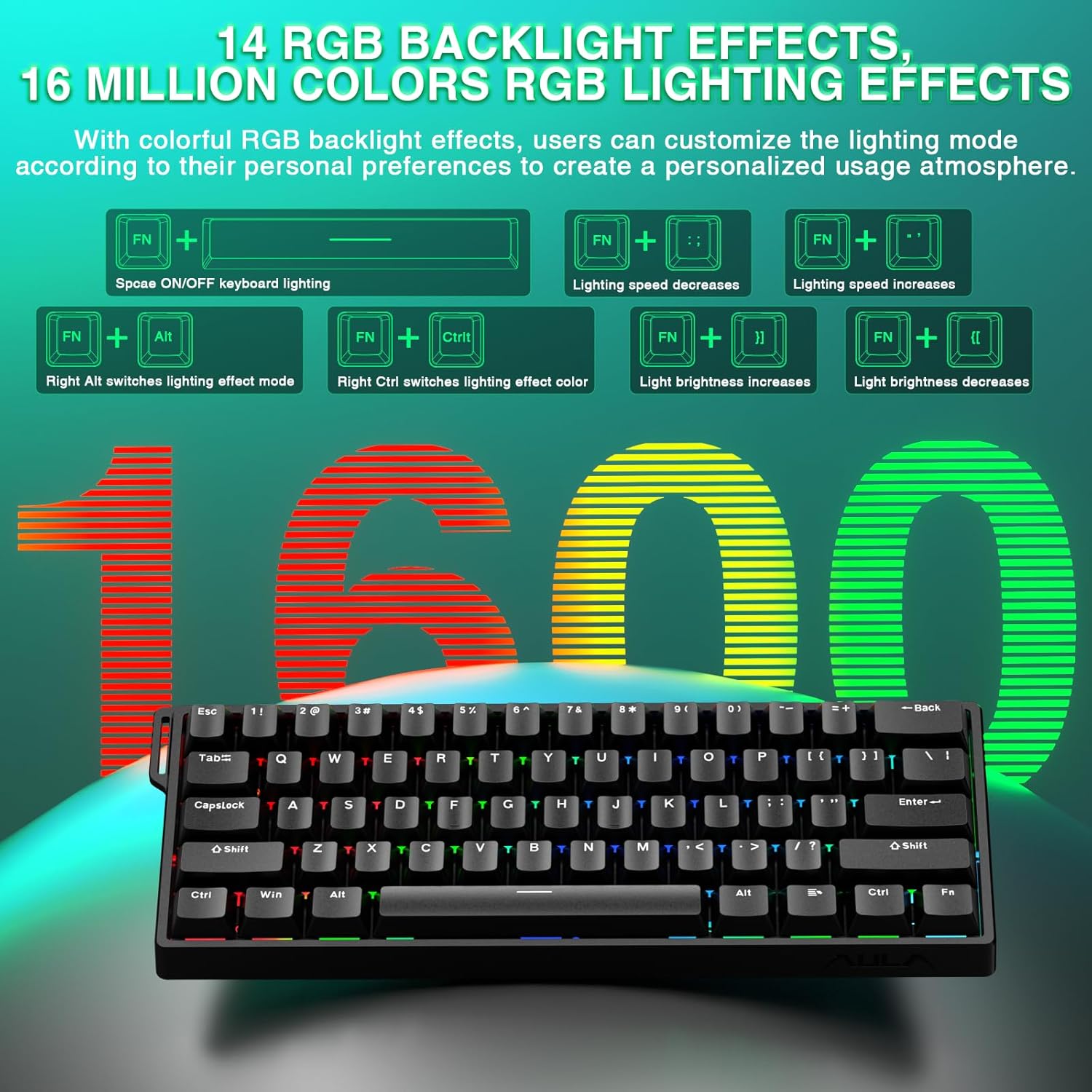 AULA 60 KEYS RGB 60% WIRED MECHANICAL GAMING KEYBOARD GRAYWOOD MAGNETIC SWITCH BLACK WIN60 thumbnail 4