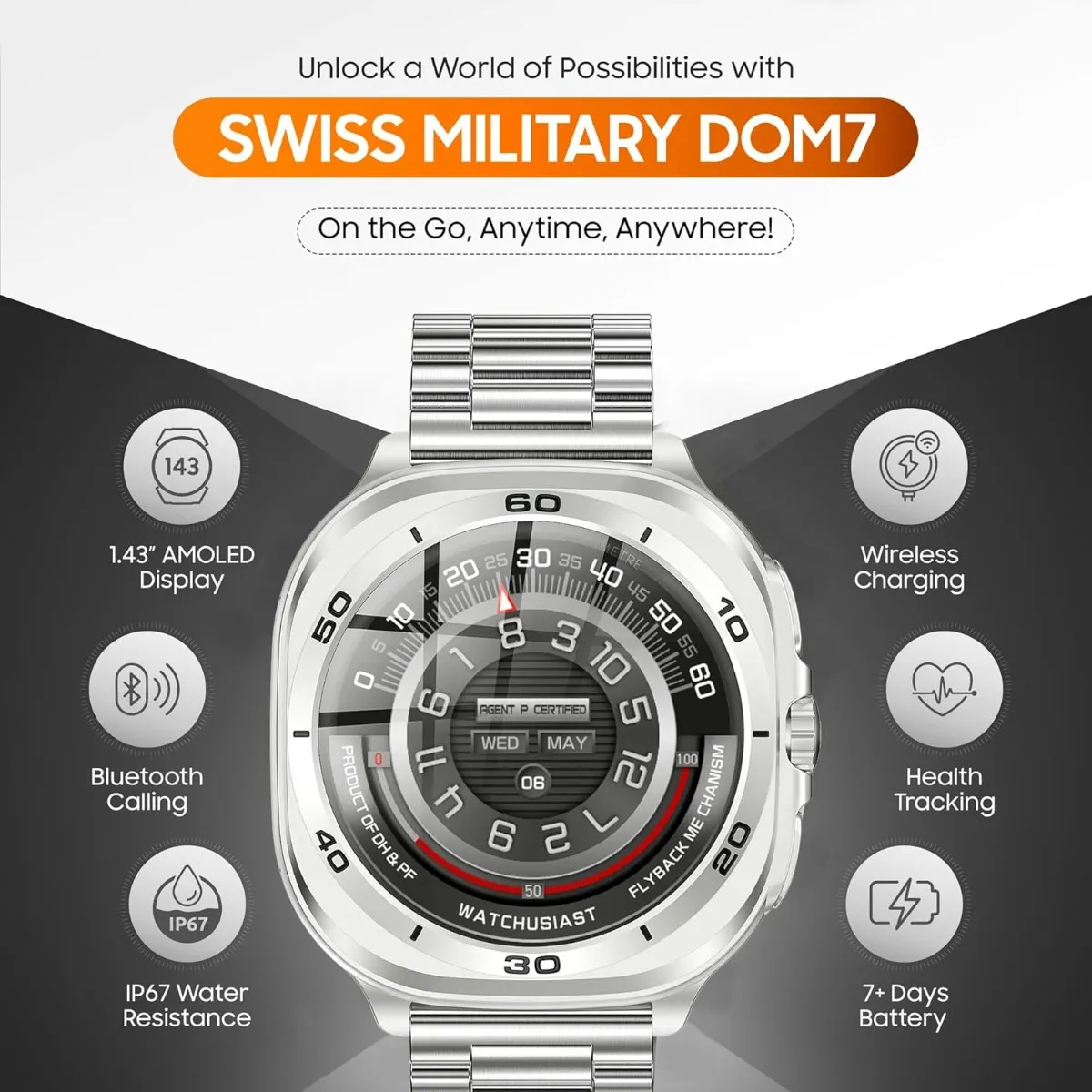 SWISS MILITARY DOM 7 SILVER FRAME WITH SILVER STAINLESS STEEL STRAP SM-WCH-DOM7-SILF-SILSTL thumbnail 3