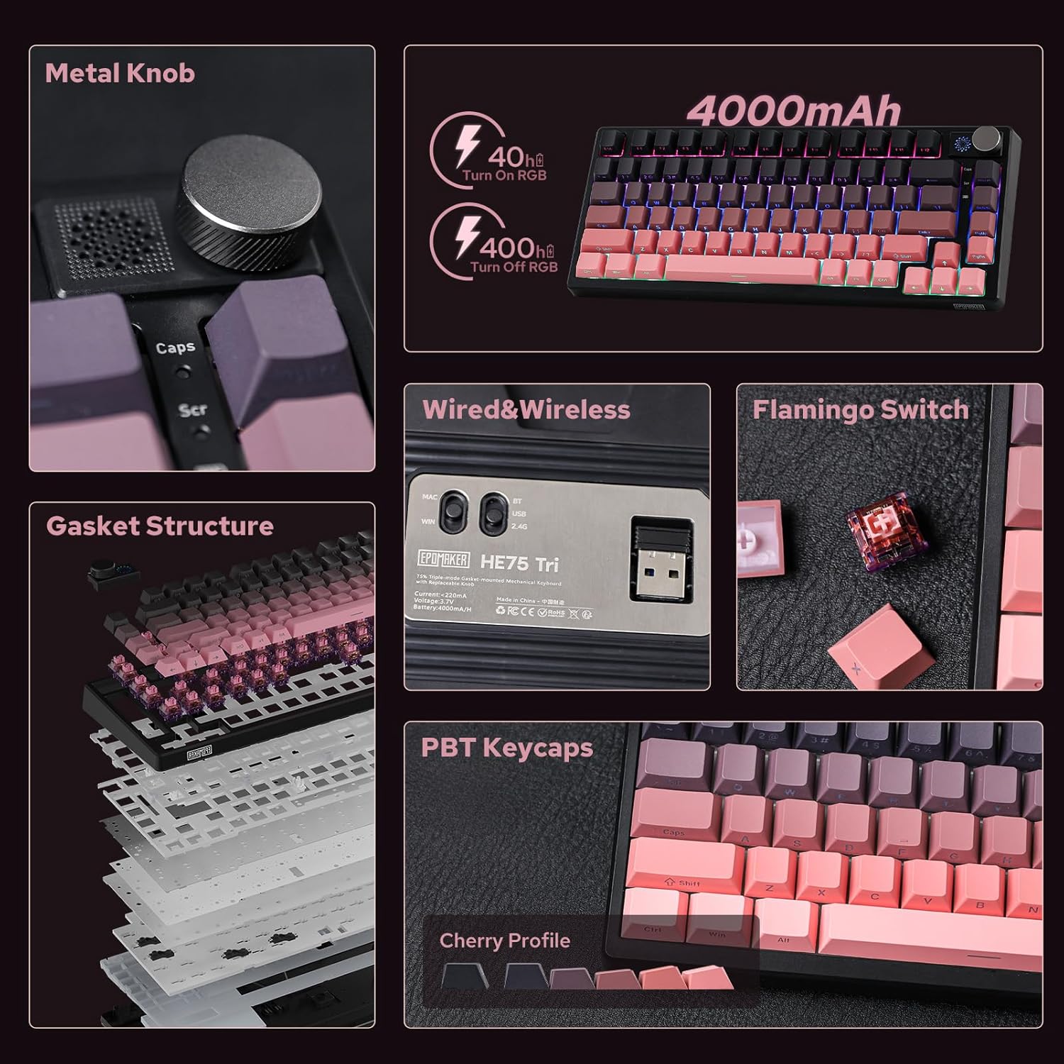 AULA 87 KEYS RGB 80% MECHANICAL GAMING KEYBOARD TRI-MODE GRAYWOOD V4 SWITCH GRADIENT BK-PNK F87 PRO thumbnail 2