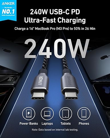 ANKER PRIME USB C TO USB C CABLE 3FT 240W BLK A88E2011 thumbnail 3