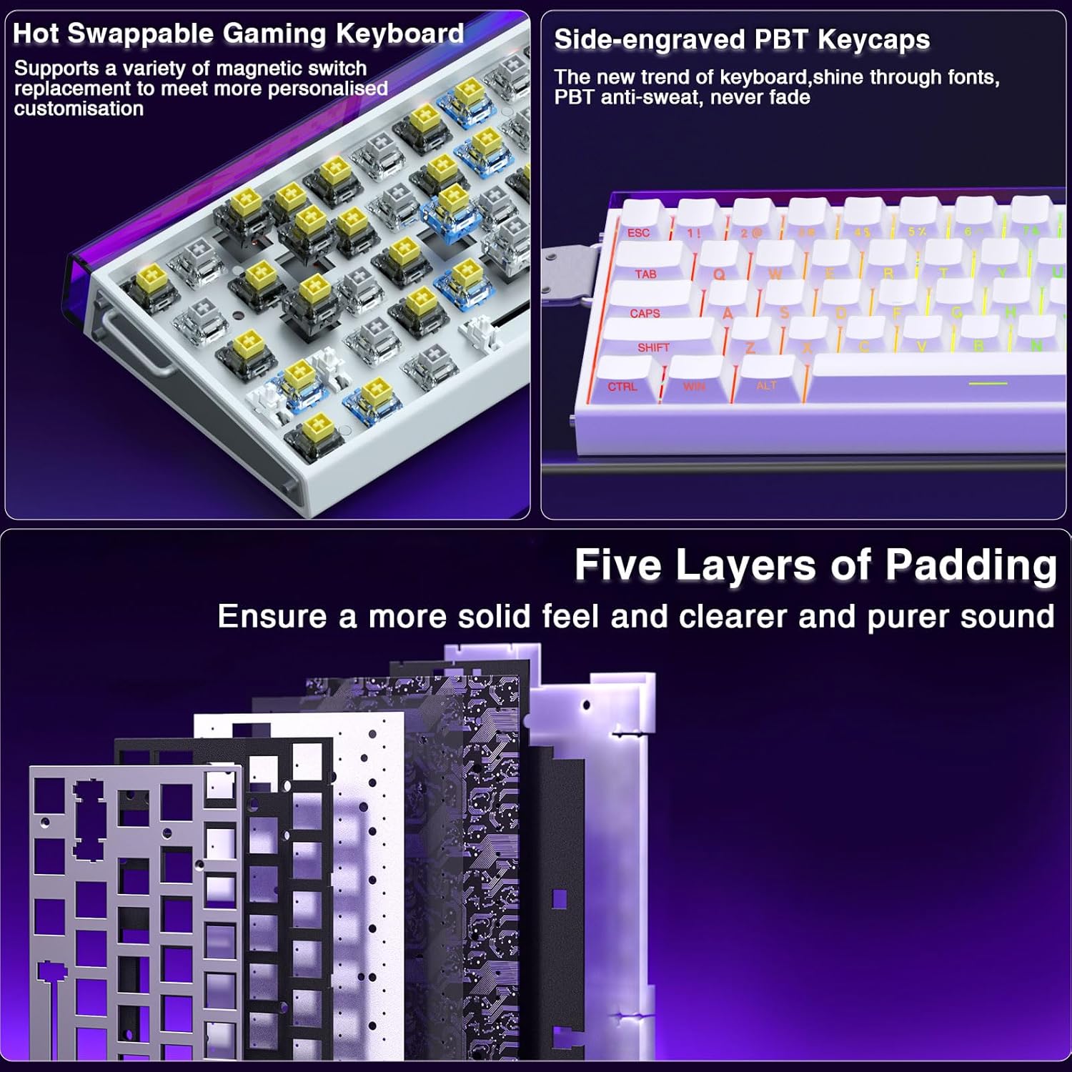 AULA 68 KEYS RGB 65% WIRED MECHANICAL GAMING KEYBOARD  METEOR SWITCH WHT-GRY-BL HERO68HE thumbnail 4