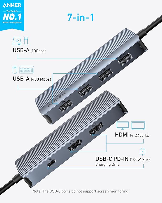 ANKER USB C HUB 7 IN 1 DUAL DISPLAY GRAY A8374AA1 thumbnail 2