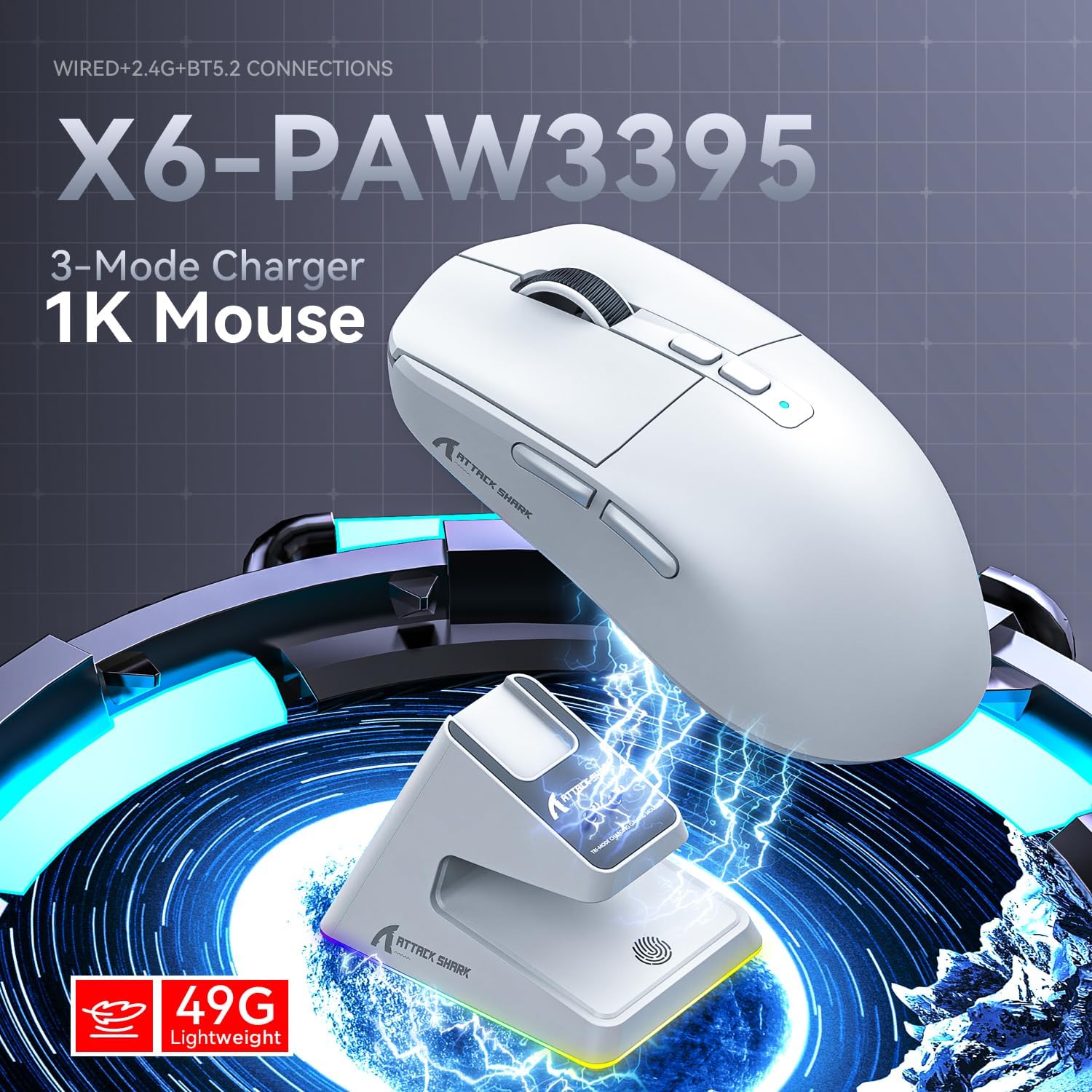 ATTACK SHARK X6 LIGHTWEIGHT WIRELESS GAMING MOUSE WITH RGB CHARGING DOCK WHITE PAW-3395 thumbnail 3