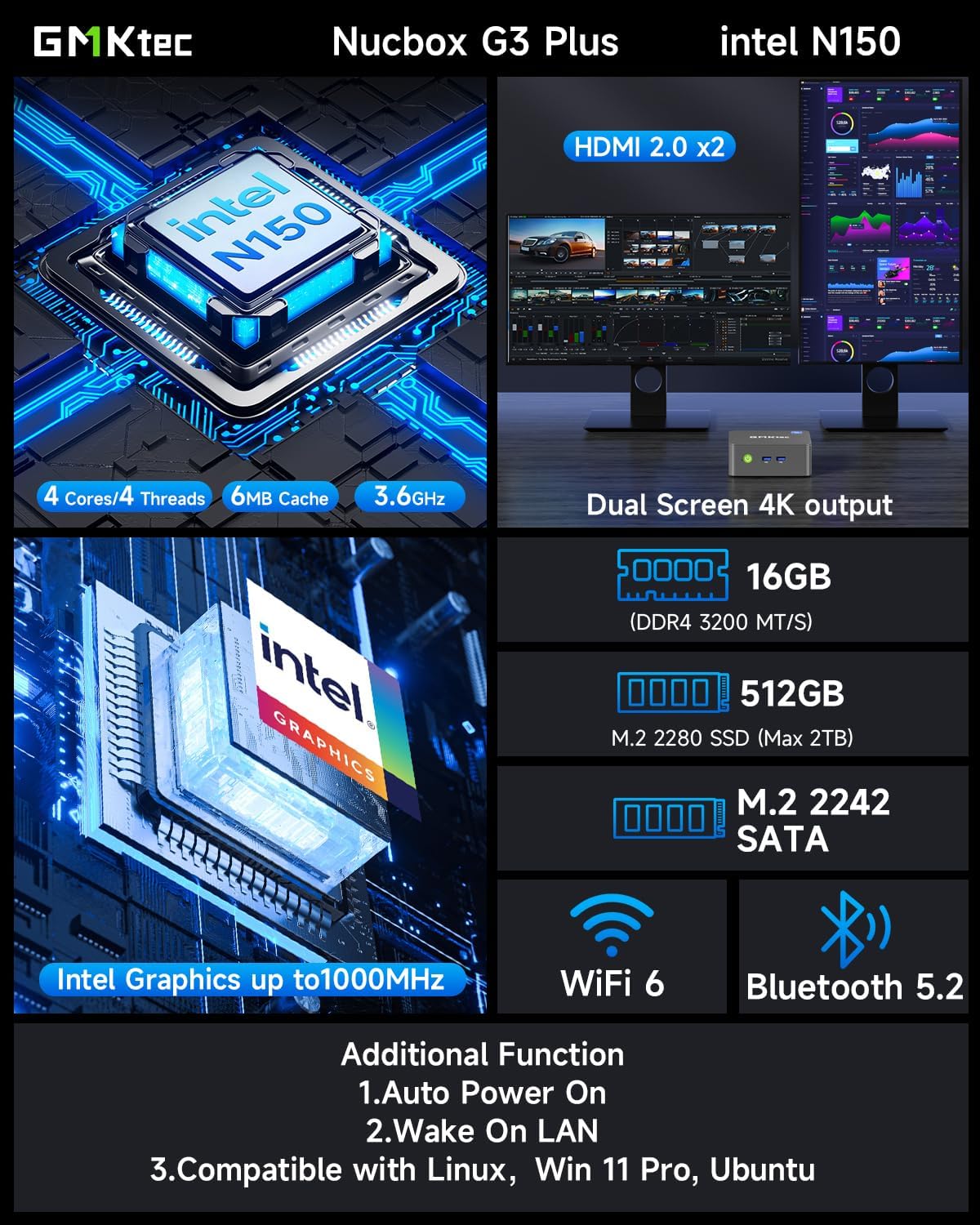 GMKTEC MINI PC INTEL N150 16GB RAM 512GB SSD WIN 11 PRO NUCBOX-G3 PLUS thumbnail 6