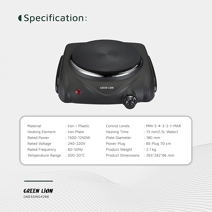 GREEN LION ELECTRIC STOVE SINGLE HOT PLATE BLACK GNESSING42BK thumbnail 7