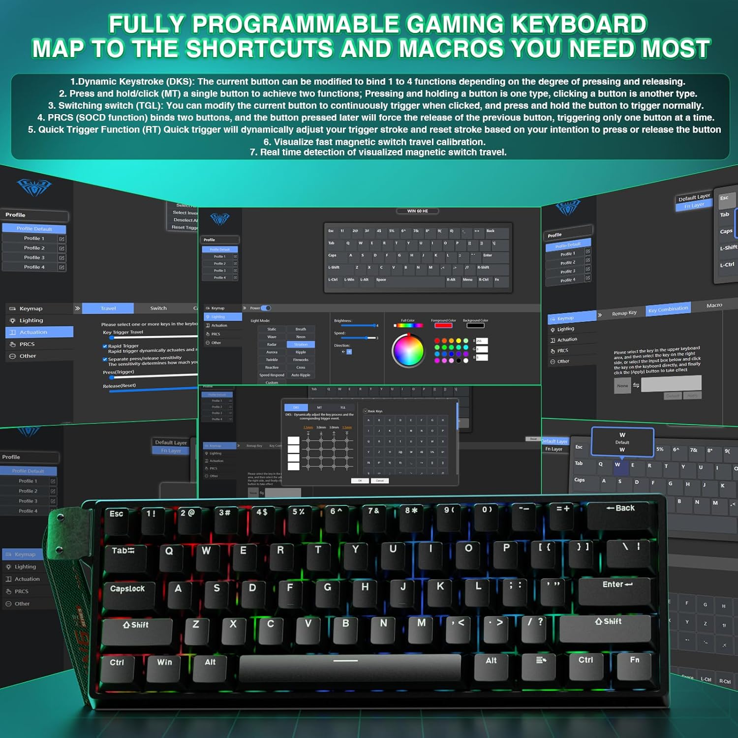 AULA 60 KEYS RGB 60% WIRED MECHANICAL GAMING KEYBOARD GRAYWOOD MAGNETIC SWITCH BLACK WIN60 thumbnail 3