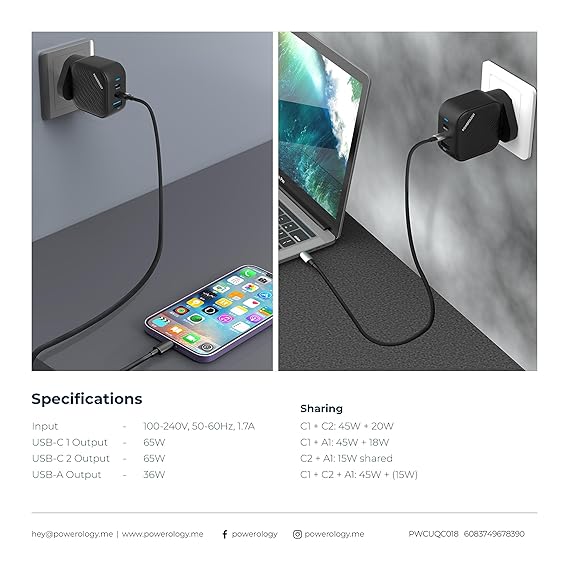 POWEROLOGY GAN DUAL USB C WALL CHARGER PD 45W PWCUQC035 thumbnail 7