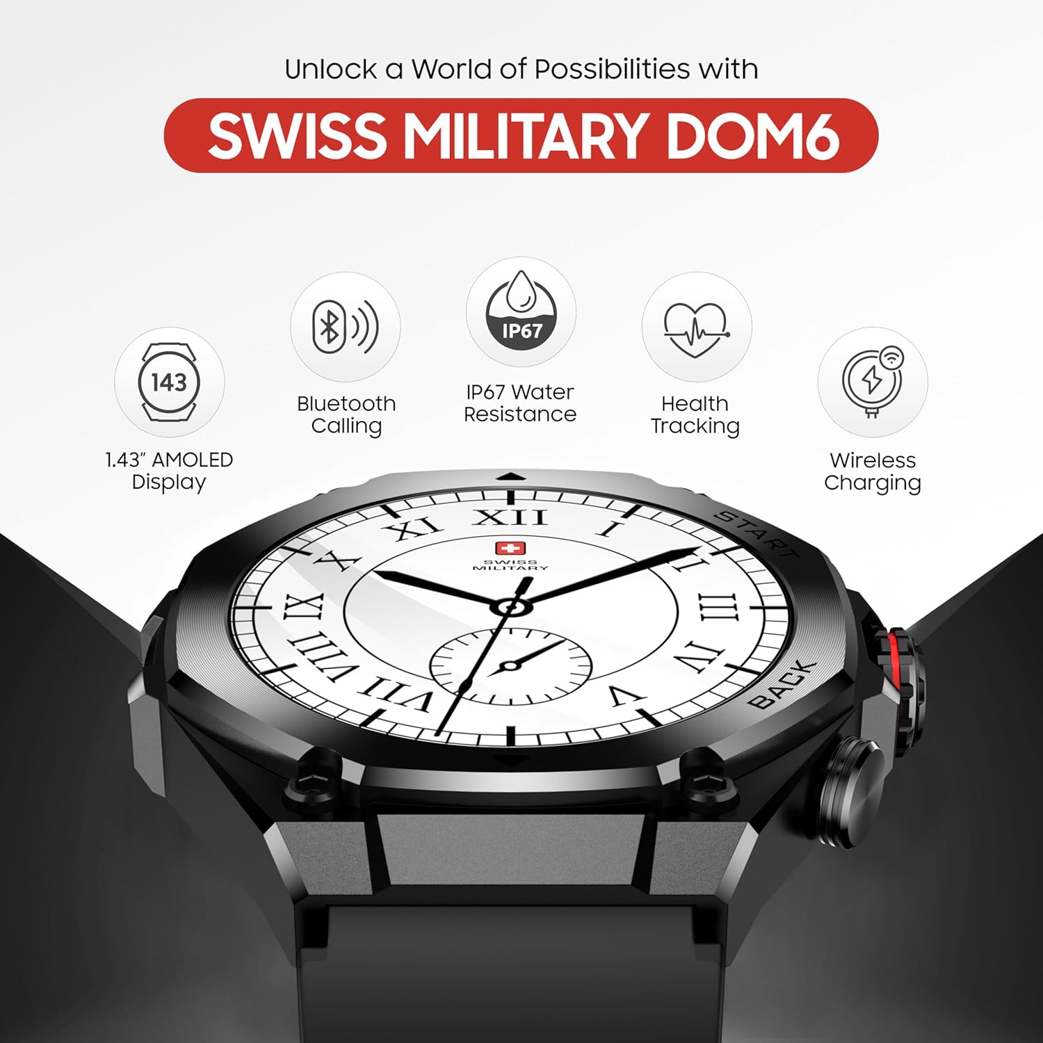 SWISS MILITARY DOM 6 WATCH WITH STAINLESS STEEL STRAP BLACK SM-WCH-DOM6-BLKSS thumbnail 8
