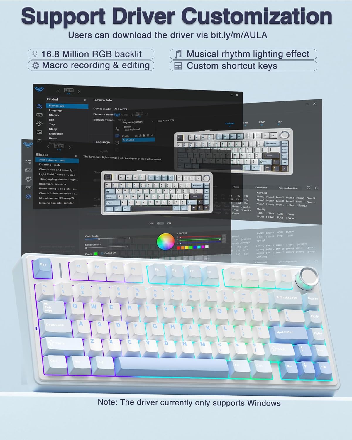 AULA 75 KEYS RGB 75% MECHANICAL GAMING KEYBOARD TRI MODE KNOB SEIYA SWITCH WHITE CONTOUR F75 thumbnail 8
