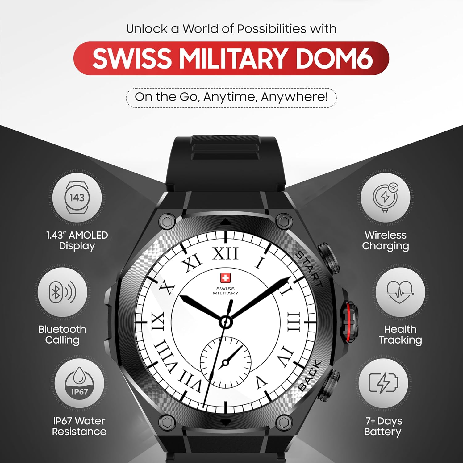 SWISS MILITARY DOM 6 WATCH WITH STAINLESS STEEL STRAP BLACK SM-WCH-DOM6-BLKSS thumbnail 7