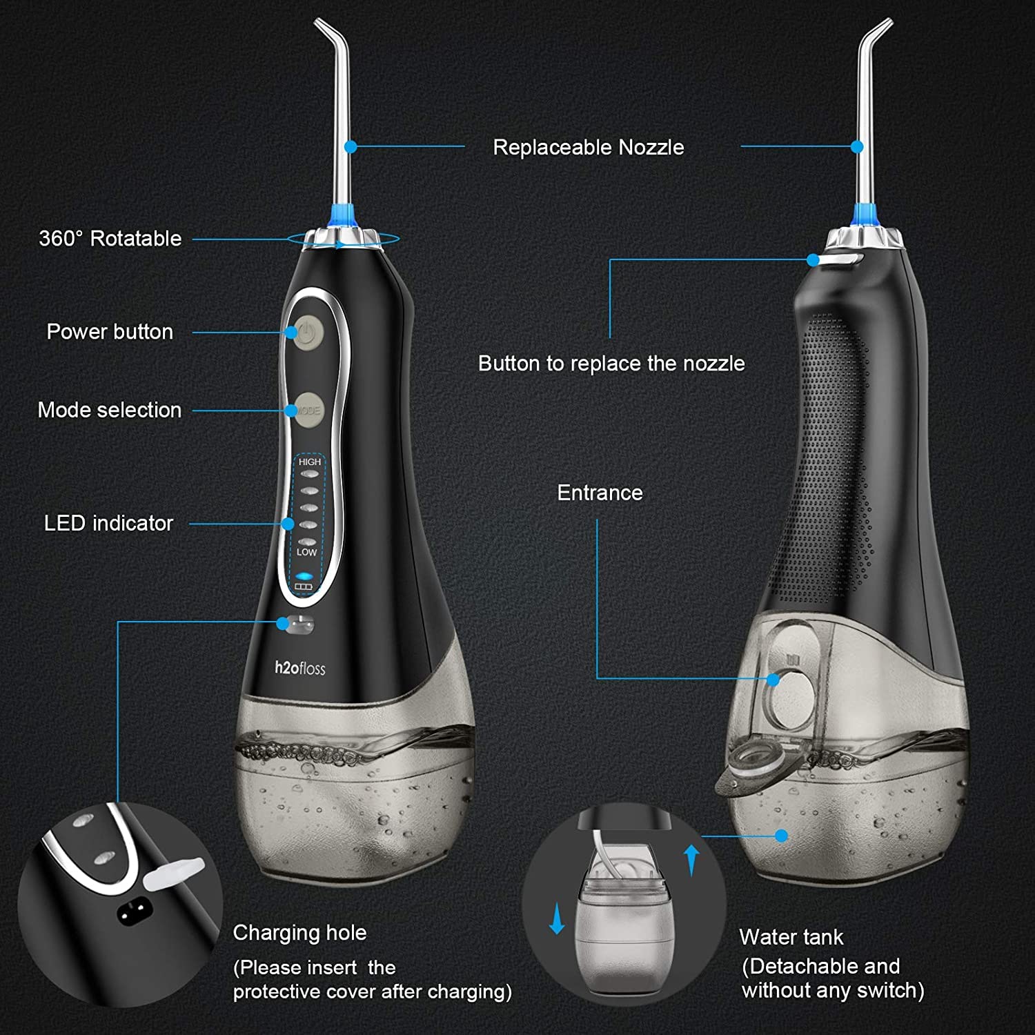 H20 FLOSS PORTABLE ORAL IRRIGATOR BLACK HF-6 thumbnail 2