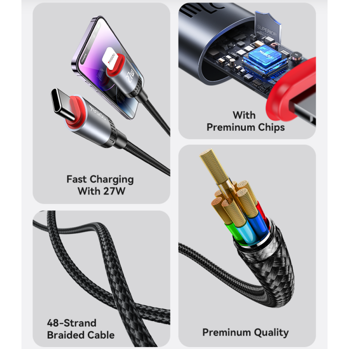 YESIDO 27W USB-C TO LIGHTNING CABLE 1.2M BLACK CA182 thumbnail 3