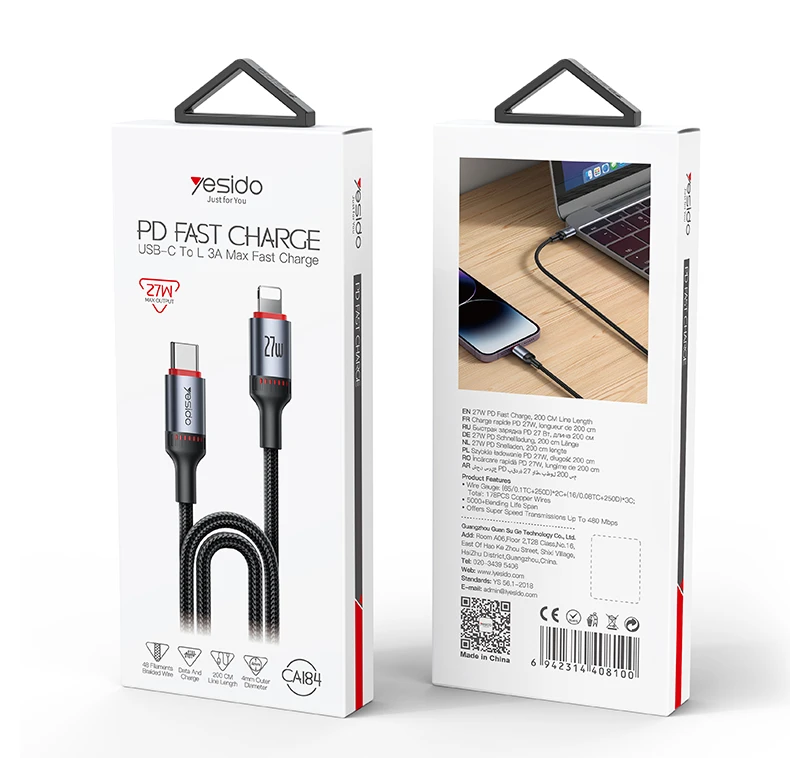 YESIDO 27W USB-C TO LIGHTNING CABLE 2M BLACK CA184 thumbnail 9