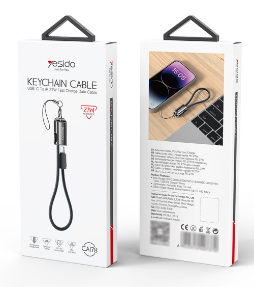 YESIDO 27W USB-C TO LIGHTNING KEY CHAIN CABLE 20CM BLACK CA178