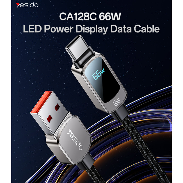 YESIDO 66W USB-A TO USB-C WITH LED DISPLAY CABLE 1.2M GREY CA128C thumbnail 2