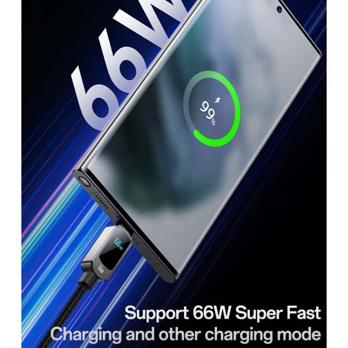 YESIDO 66W USB-A TO USB-C WITH LED DISPLAY CABLE 1.2M GREY CA128C thumbnail 4