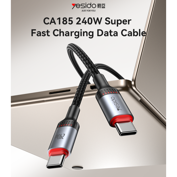 YESIDO 240W USB-C TO USB-C CABLE 1.2M BLACK CA185 thumbnail 2