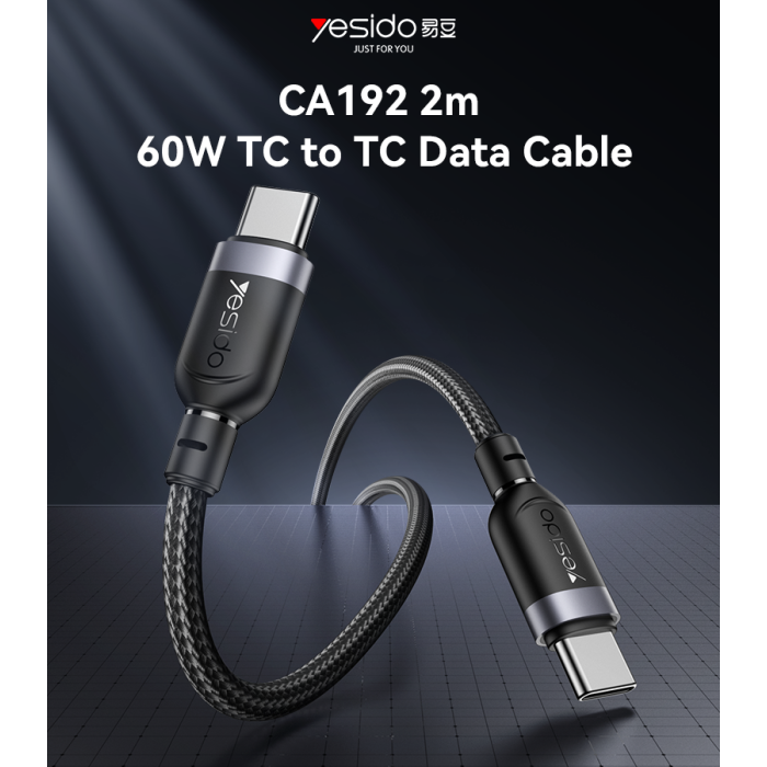 YESIDO 60W USB-C TO USB-C CABLE 2M BLACK CA192 thumbnail 2