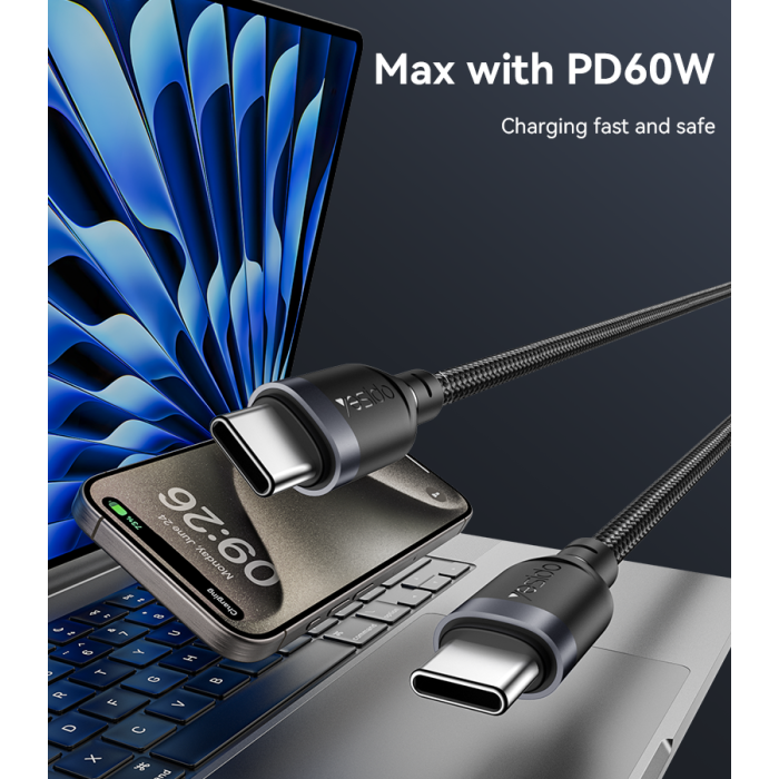 YESIDO 60W USB-C TO USB-C CABLE 2M BLACK CA192 thumbnail 4