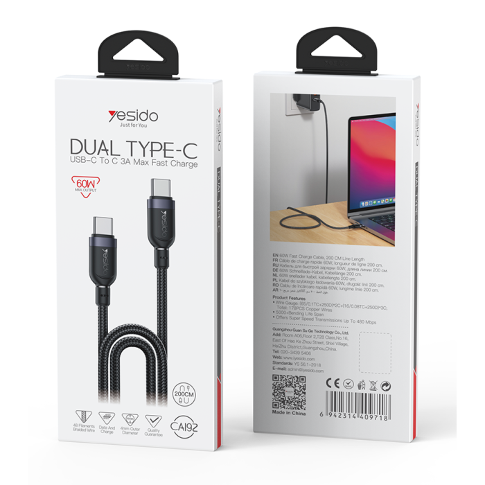 YESIDO 60W USB-C TO USB-C CABLE 2M BLACK CA192 thumbnail 5