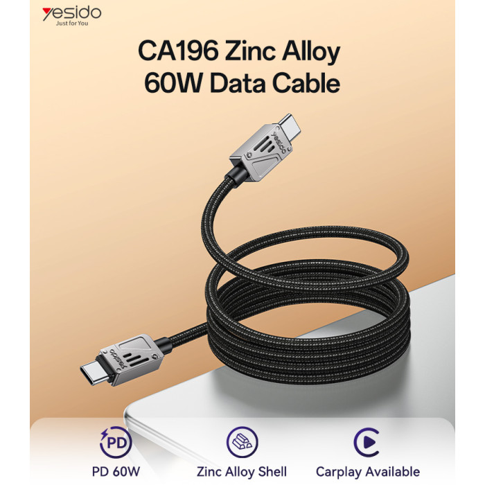YESIDO 60W USB-C TO USB-C CABLE 1.2M BLACK CA196 thumbnail 2