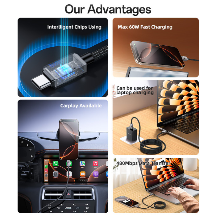 YESIDO 60W USB-C TO USB-C CABLE 1.2M BLACK CA196 thumbnail 3