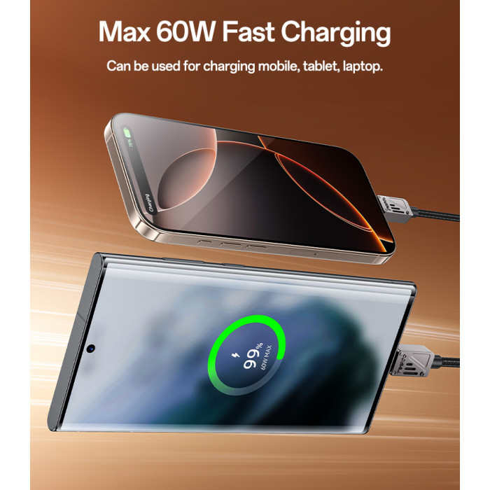 YESIDO 60W USB-C TO USB-C CABLE 1.2M BLACK CA196 thumbnail 4