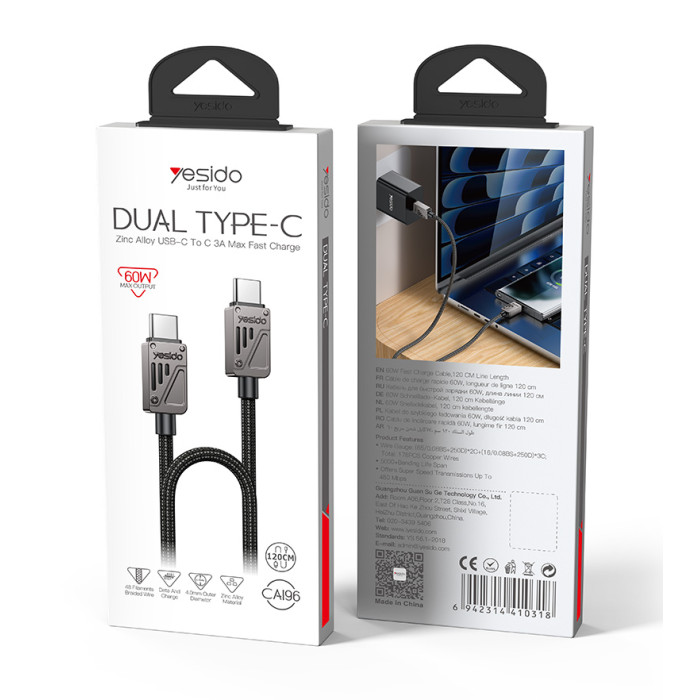 YESIDO 60W USB-C TO USB-C CABLE 1.2M BLACK CA196 thumbnail 5