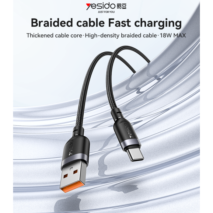 YESIDO 18W USB-A TO USB-C CABLE 2M BLACK CA133C thumbnail 2