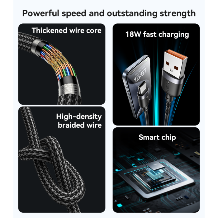 YESIDO 18W USB-A TO USB-C CABLE 2M BLACK CA133C thumbnail 3