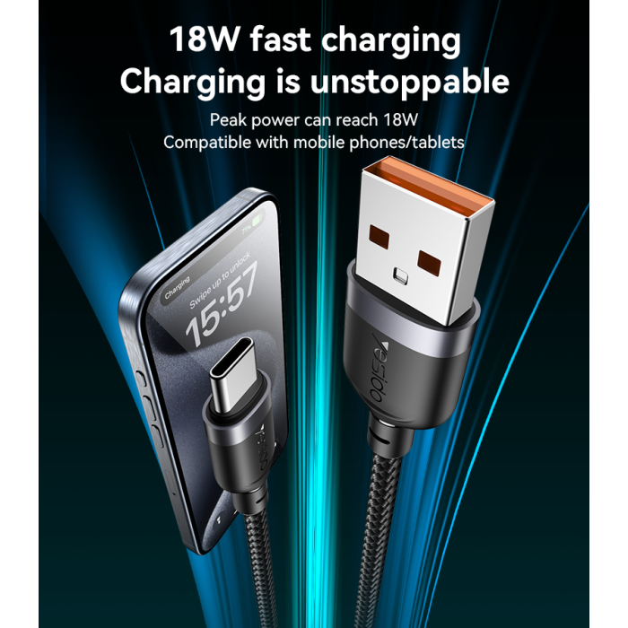 YESIDO 18W USB-A TO USB-C CABLE 2M BLACK CA133C thumbnail 4