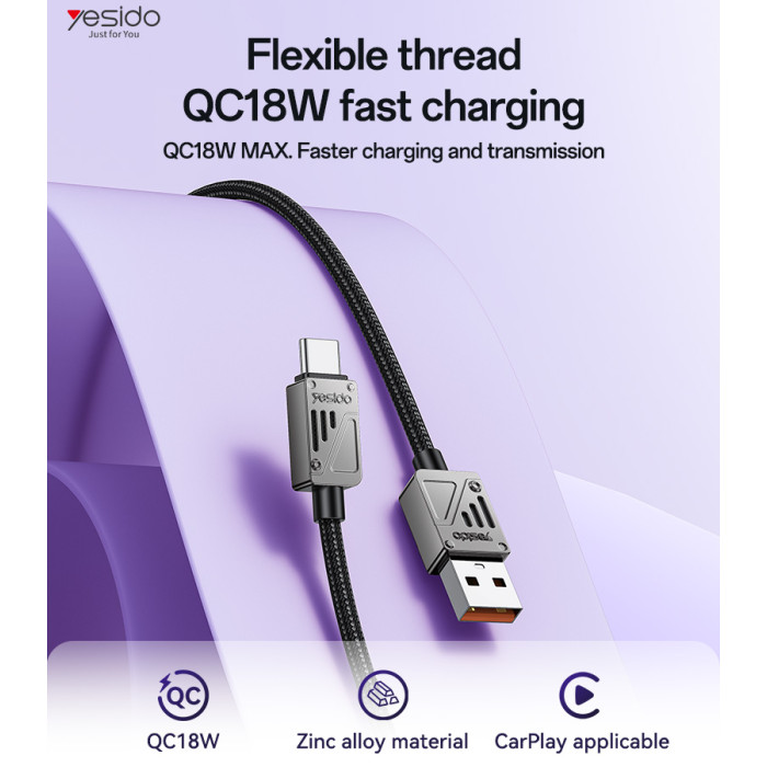 YESIDO 18W USB-A TO USB-C CABLE 1.2M BLACK CA135C thumbnail 2
