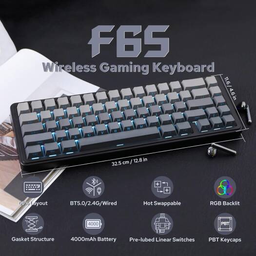 AULA 65 KEYS RGB 65% MECHANICAL GAMING KEYBOARD TRI MODE GREY WOOD V3 SWITCH BLK-GRY F65 thumbnail 2