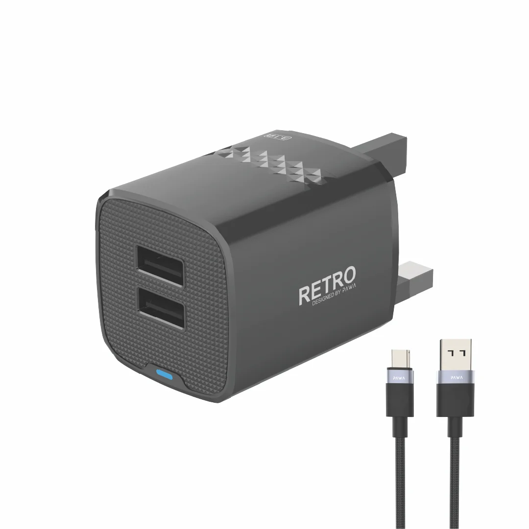 PAWA RETRO 3.1A DUAL USB UK CHARGER WITH USB A TO MICRO CABLE BLACK PW-TCR31UKM-BK