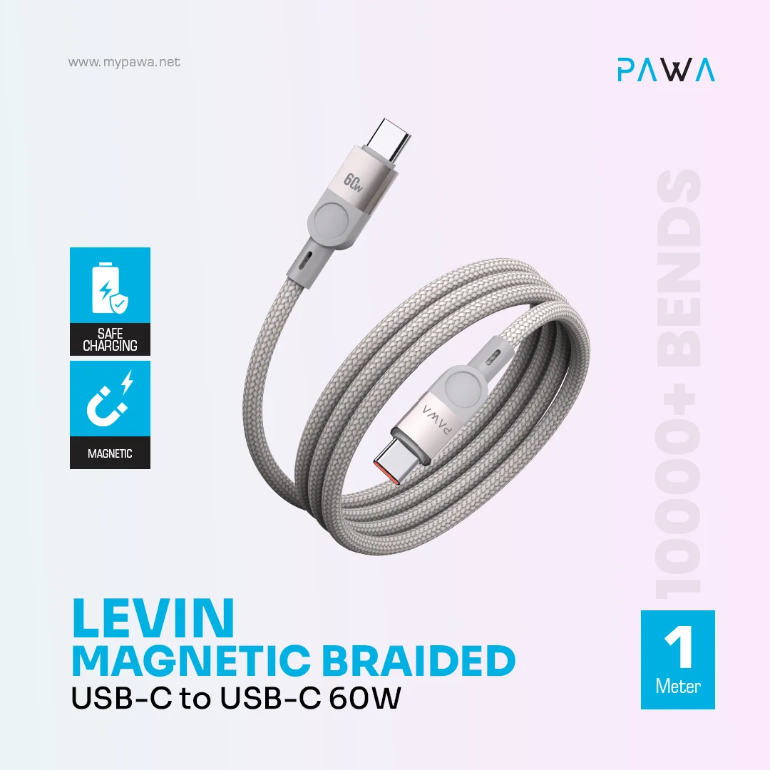 PAWA LEVIN MAGNETIC BRAIDED USB C TO USB C 60W CABLE 1M GREY TITANIUM PW-12BDM251-GYTT thumbnail 3