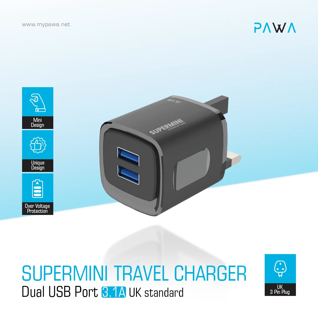 PAWA SUPERMINI TRAVEL CHARGER DUAL USB 3.1A BLACK PW-TCSP31UK-BK thumbnail 4