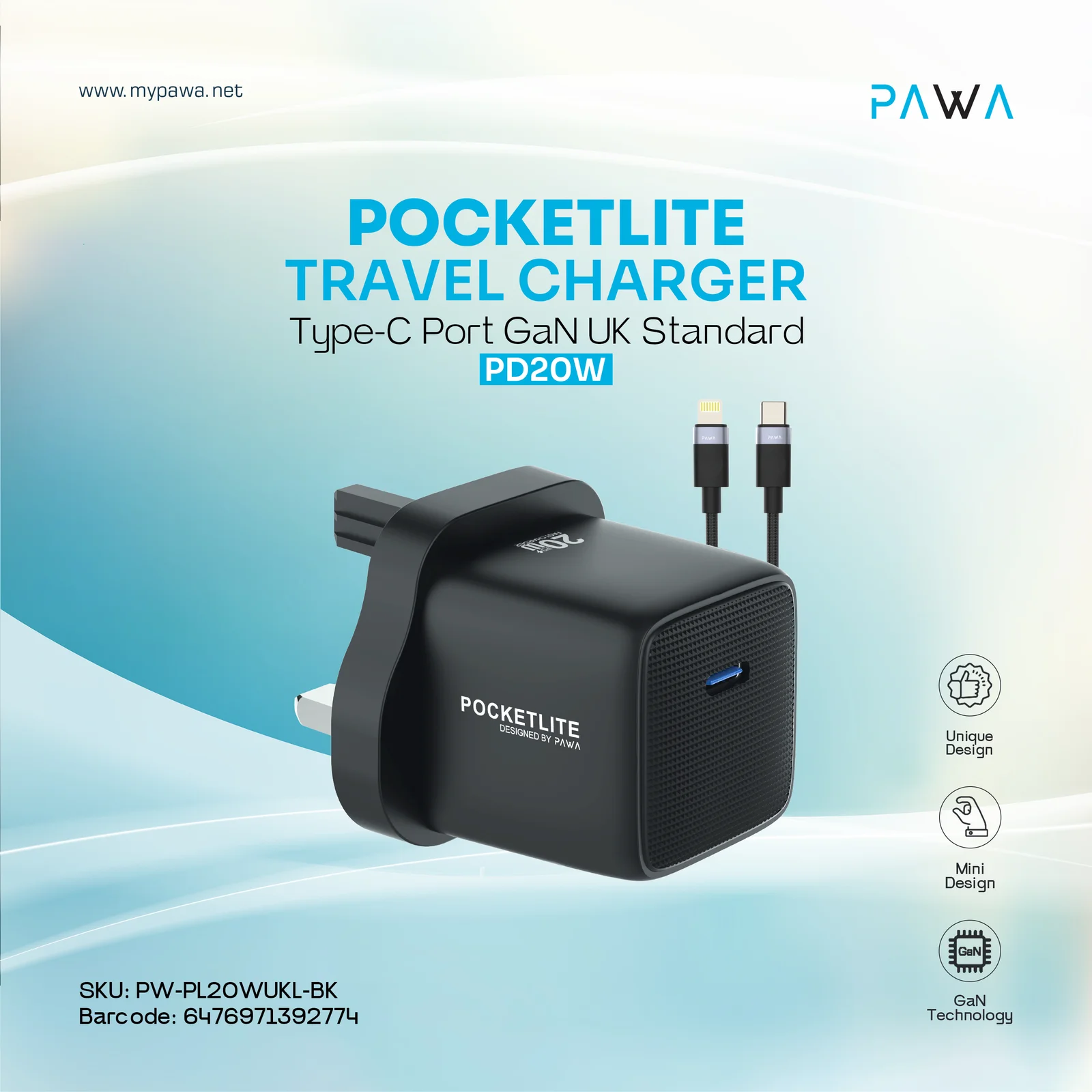 PAWA POCKETLITE TRAVEL CHARGER TYPE-C PORT GAN PD20W TYPE C LIGHTING CABLE BLACK PW-PL20WUKL-BK thumbnail 3