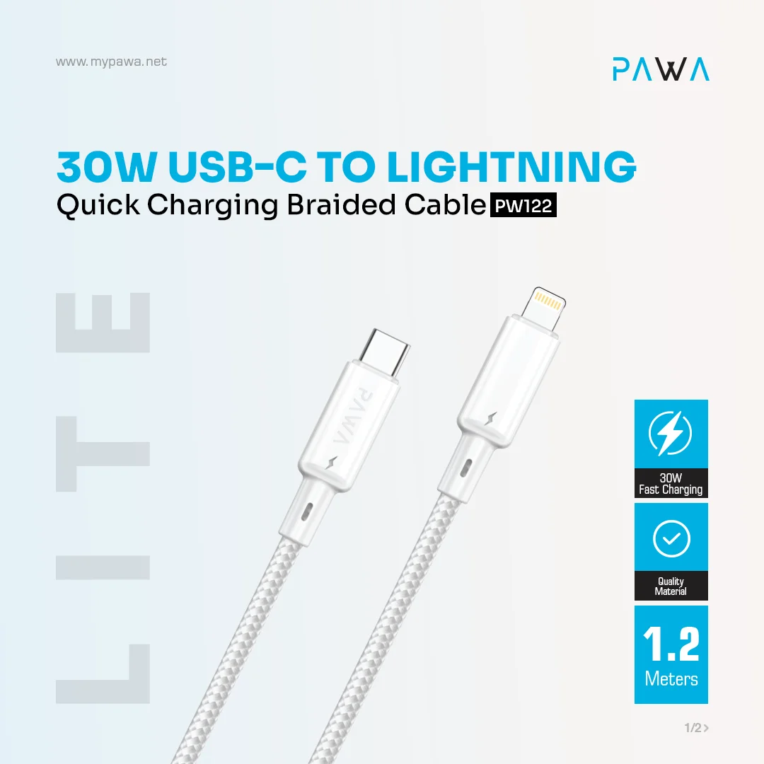 PAWA 30W USB C TO LIGHTNING QUICK CHARGING BRAIDED CABLE 1.2M PW122 WHITE PW-BTLT12CL-WH thumbnail 3