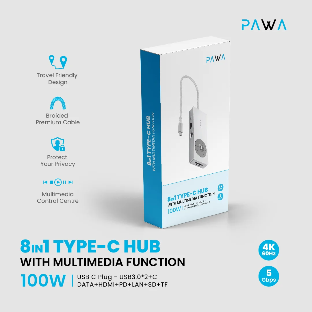 PAWA 8 IN 1 TYPE-C HUB WITH MULTIMEDIA FUCTION 100W PW-THUBB124 thumbnail 3