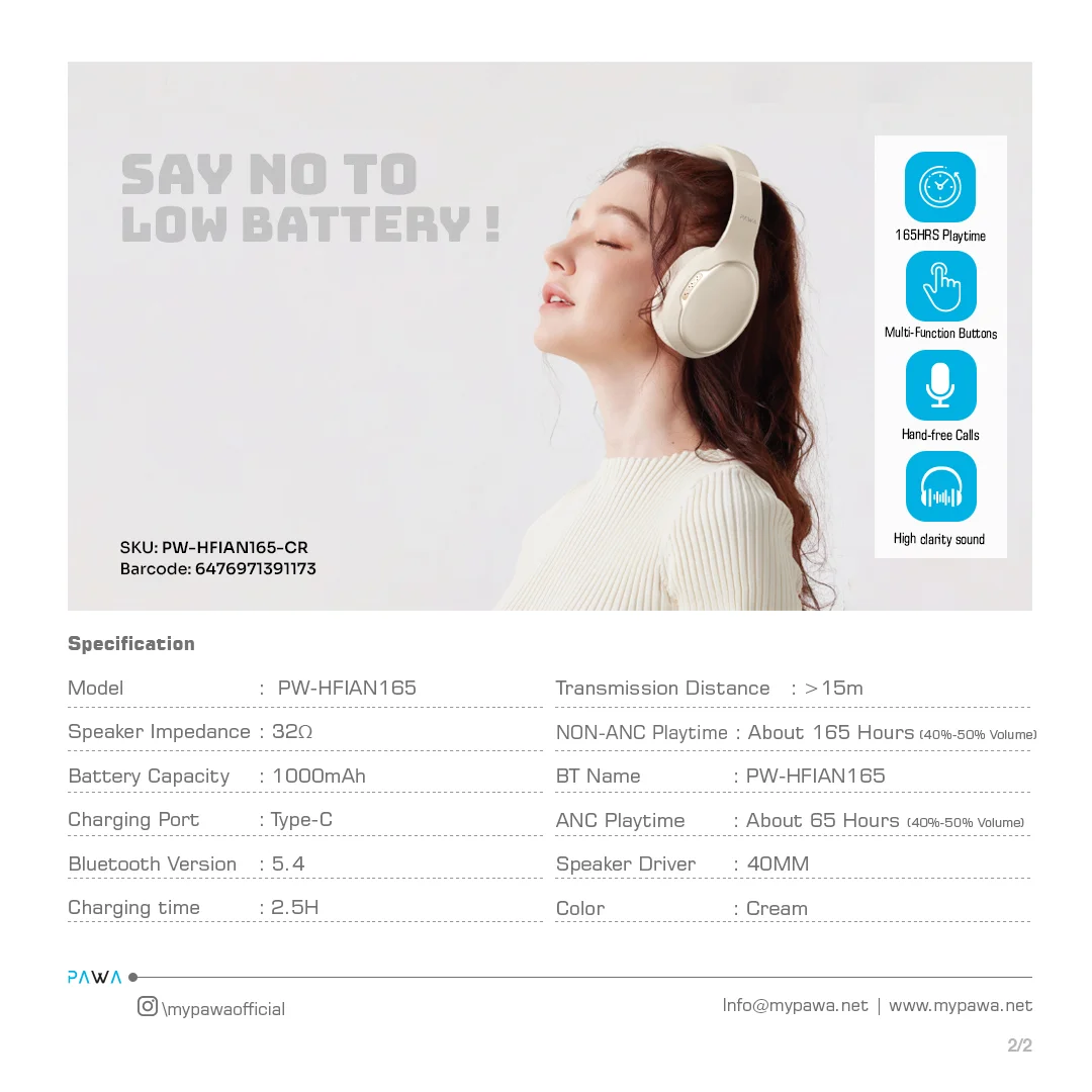 PAWA INFINITE ANC WIRELESS NOISE CANCELLING HEADPHONE CREAM PW-HFIAN165-CR thumbnail 4