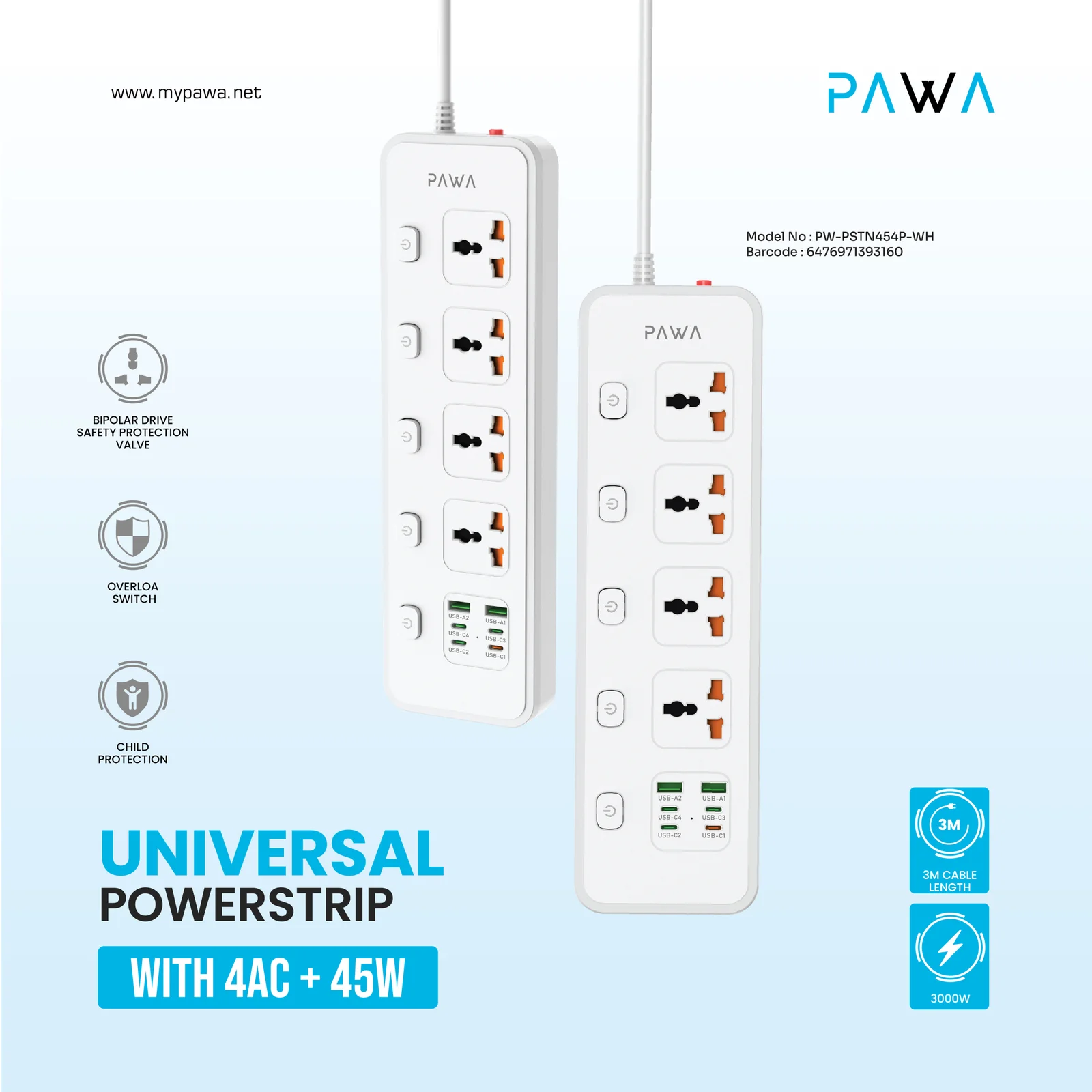 PAWA UNIVERSAL POWERSTRIP WITH 4AC + 45W WHITE PW-PSTN454P-WH thumbnail 3