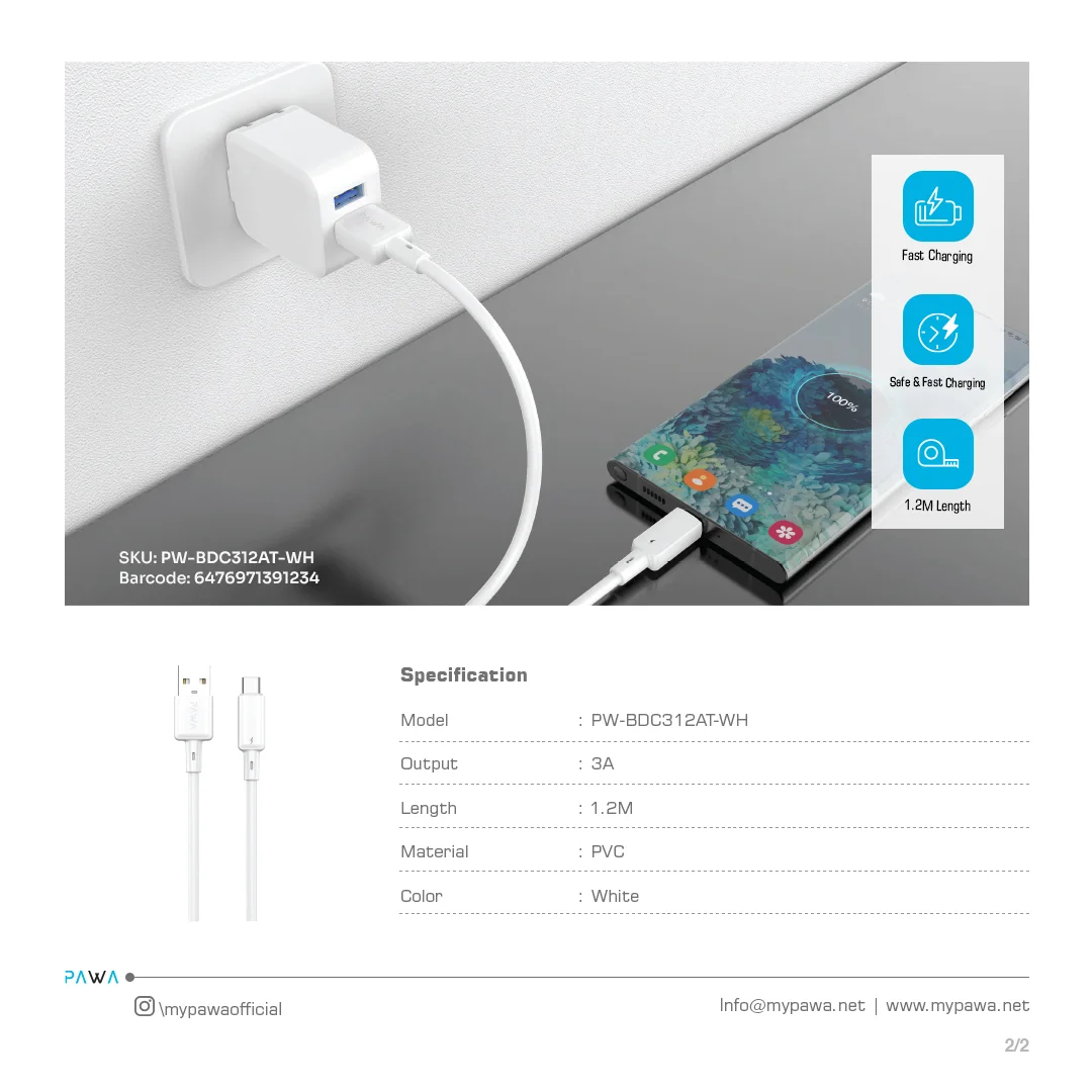 PAWA 3A USB A TO TYPE C QUICK CHARGING PVC CABLE 1.2M PW122 WHITE PW-BDC312AT-WH thumbnail 3