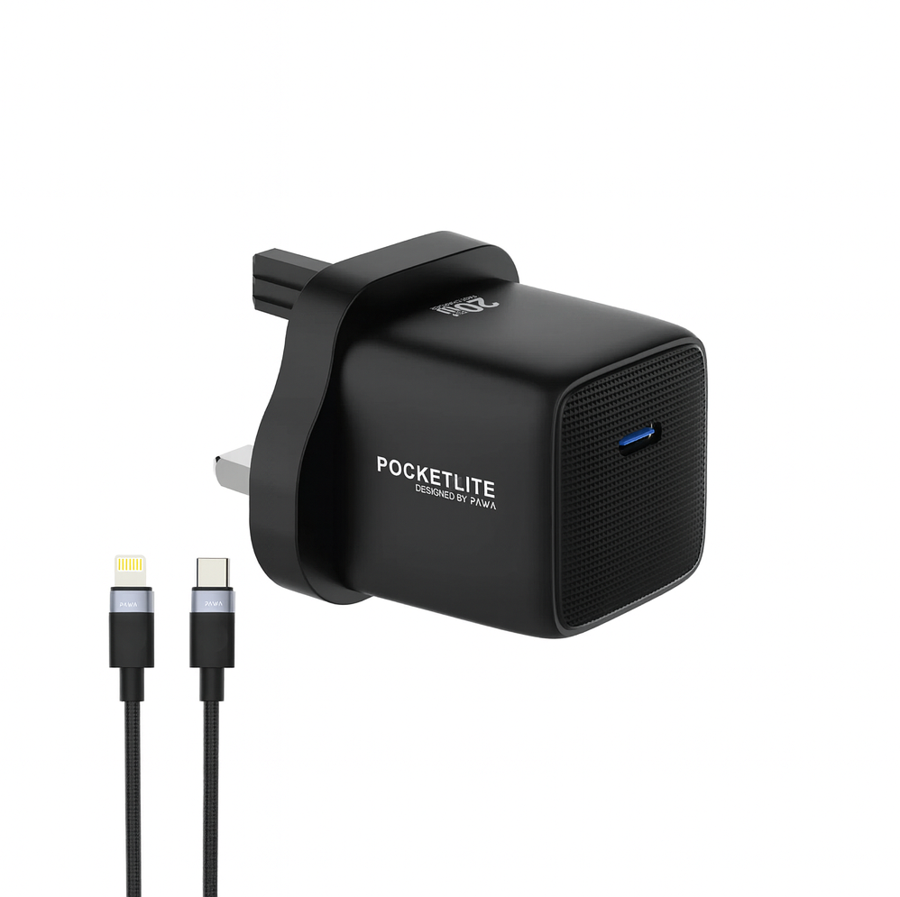 PAWA POCKETLITE TRAVEL CHARGER TYPE-C PORT GAN PD20W TYPE C LIGHTING CABLE BLACK PW-PL20WUKL-BK