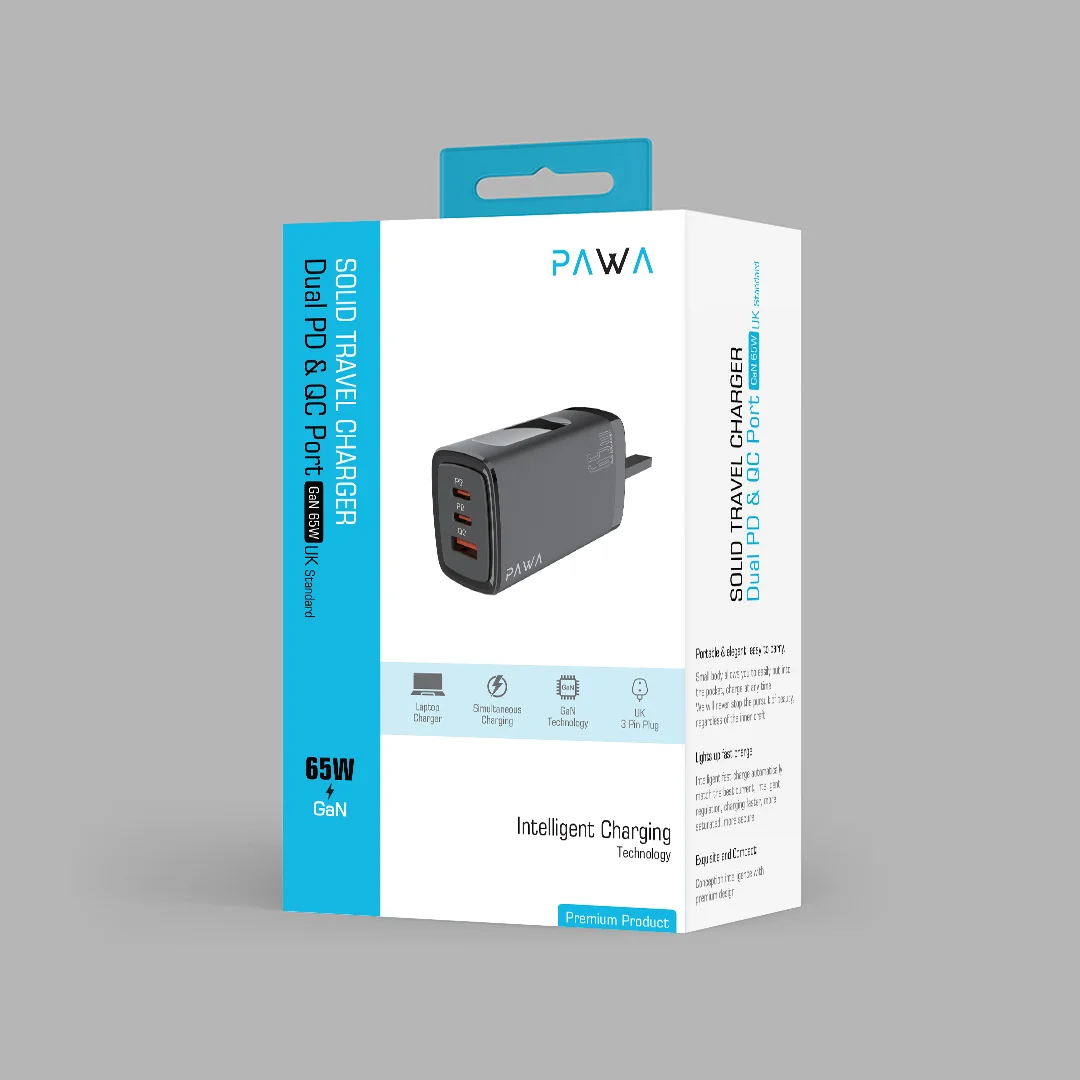 PAWA SOLID TRAVEL DUAL PD AND QC PORT CHARGER GAN 65W UK BLACK PW-TA65PDUK-BK thumbnail 5