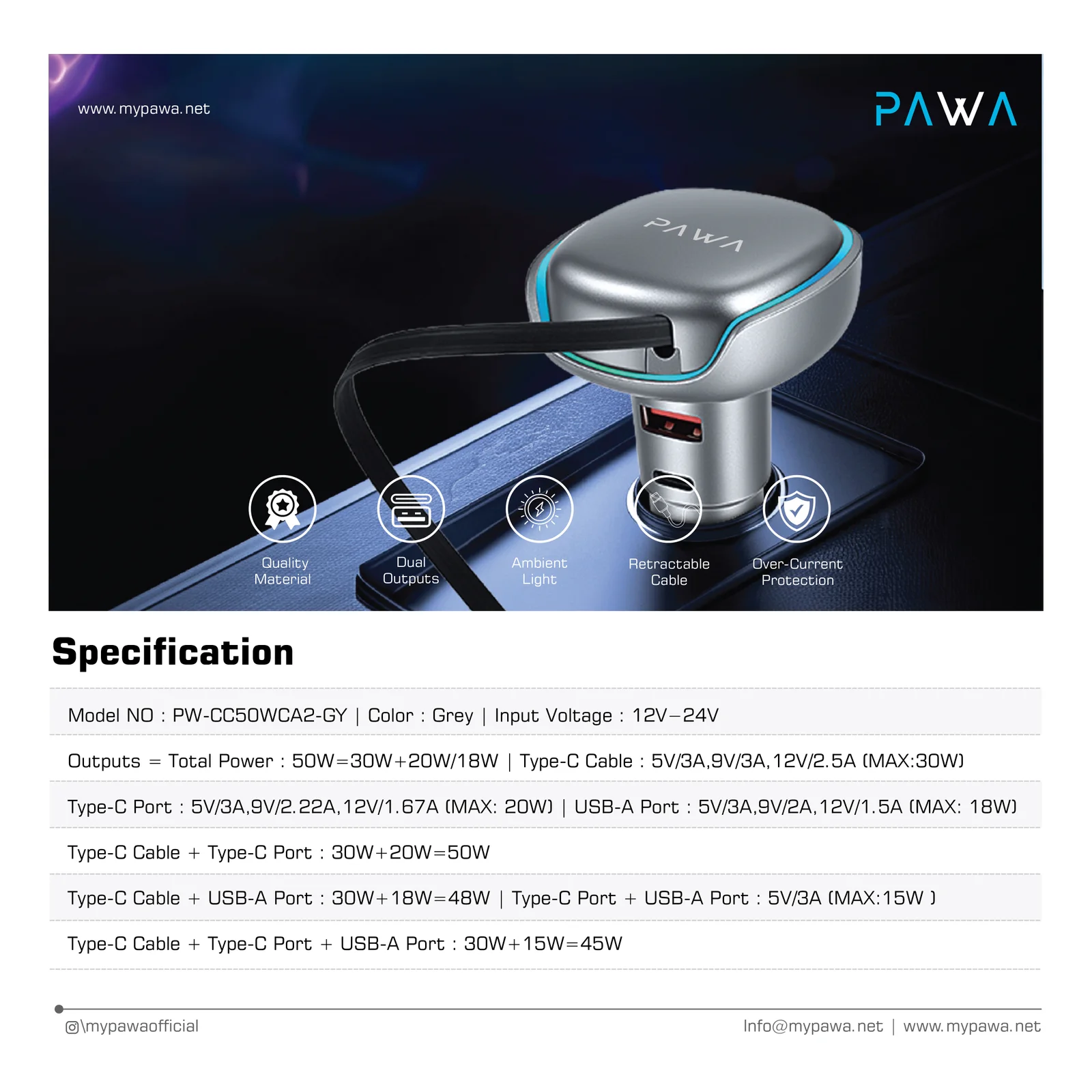 PAWA CAR CHARGER 50W WITH RETRACTABLE TYPE C CABLE SILVER PW-CC50WCA2-SL thumbnail 4