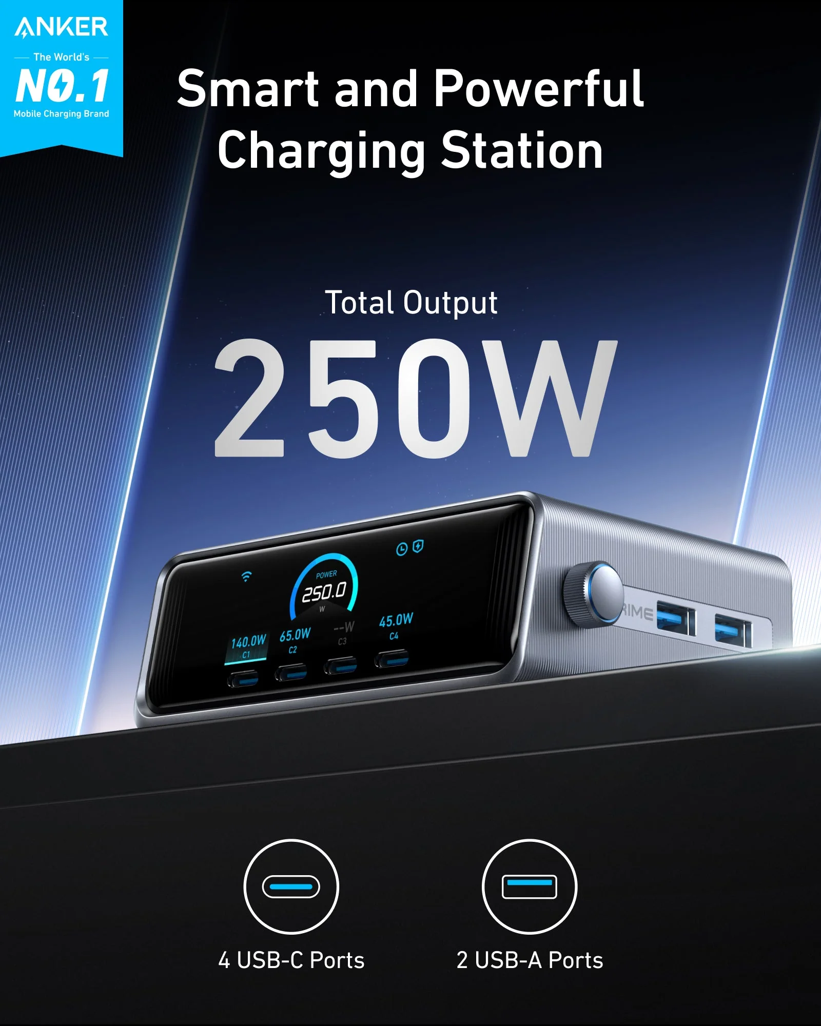 ANKER PRIME 250W SMART ULTRA POWERFUL DESKTOP CHARGER 6 PORTS SILVER A2345241 thumbnail 5