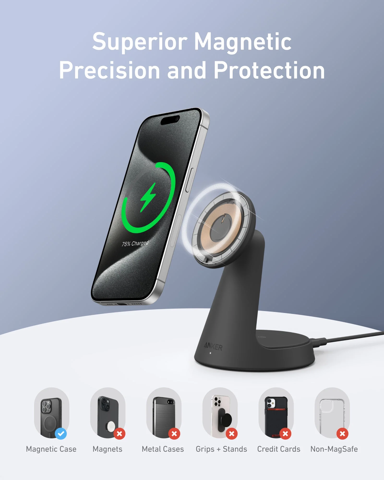 ANKER MAGGO WIRELESS 2-IN-1 DOCK STAND CHARGER BLACK A25M7H11 thumbnail 2
