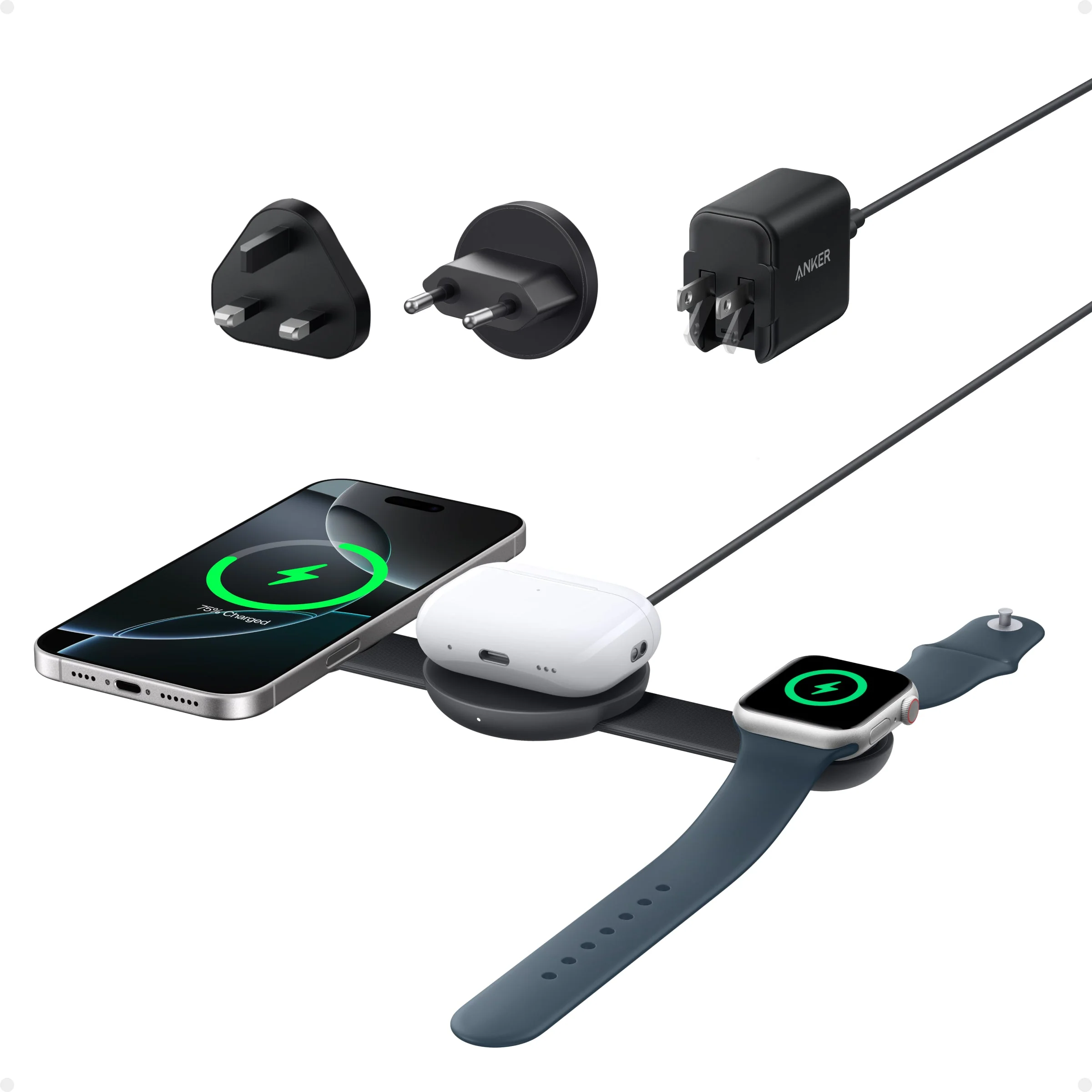 ANKER 3 IN 1 MAGGO WIRELESS CHARGING PAD WITH CHARGER AND USB-C CABLE 15W WHITE B25M8H21 thumbnail 6