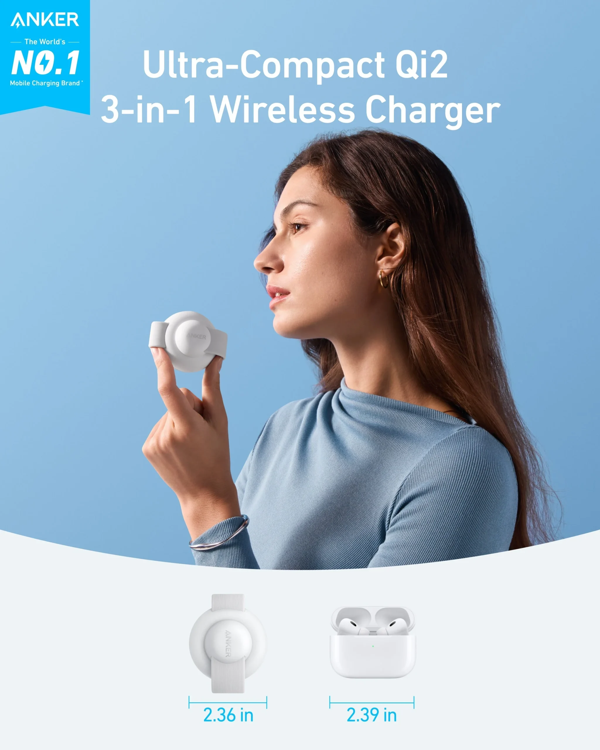ANKER 3 IN 1 MAGGO WIRELESS CHARGING PAD WITH CHARGER AND USB-C CABLE 15W WHITE B25M8H21 thumbnail 2