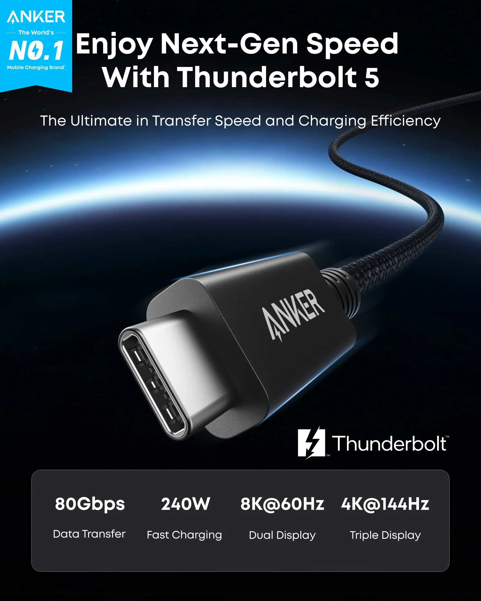 ANKER PRIME THUNDERBOLT 5 CABLE 1.7FT 80GBPS 240W BLACK A84N1011 thumbnail 5